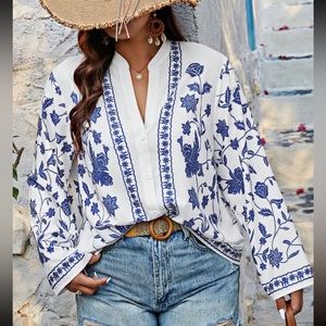 Boho Plus Size Floral Print Top Blouse Button Down Shirt White Blue